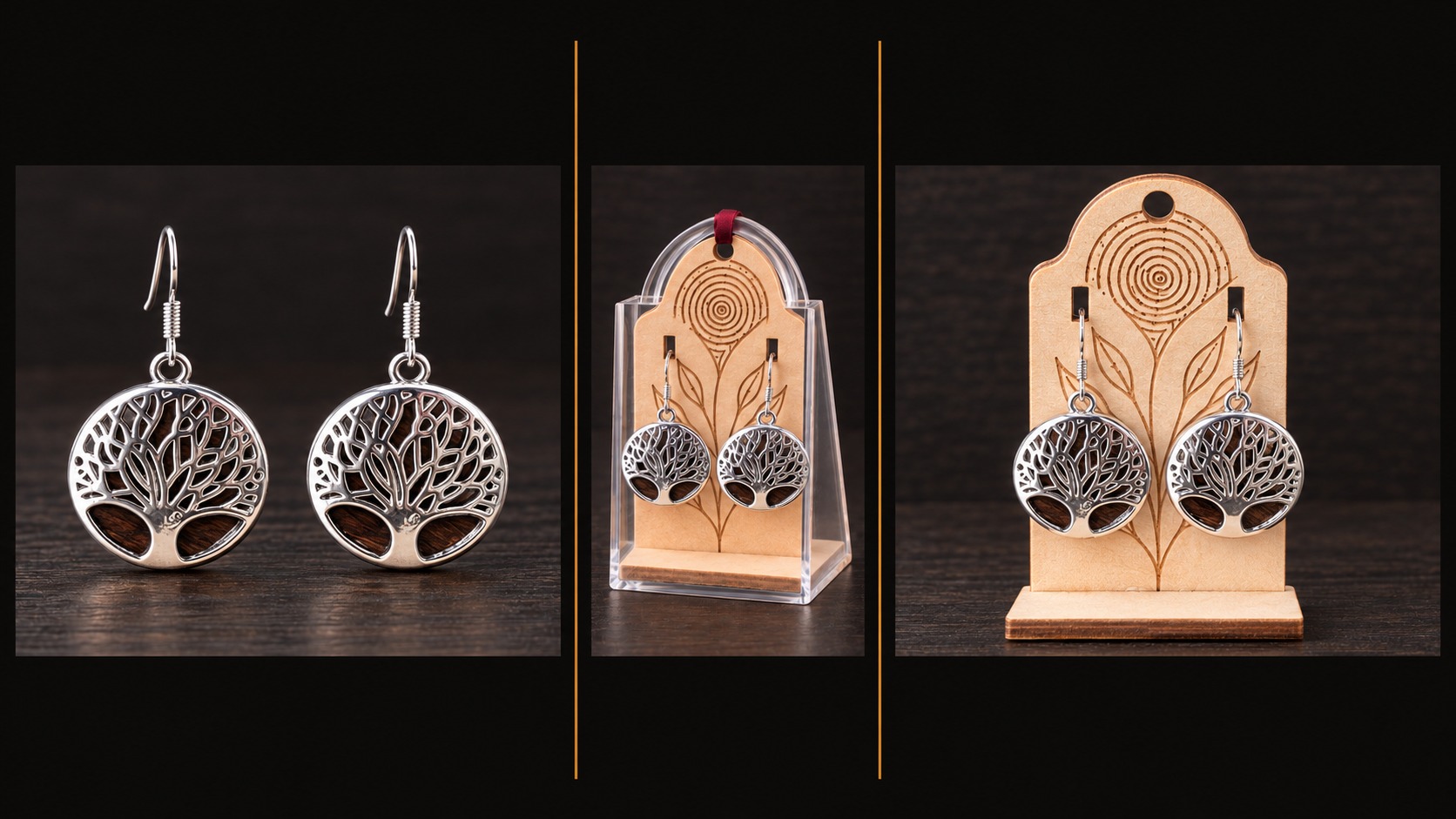 Reference BI 19 — silver-coloured Tree of Life earrings with natural wood, shown in three views