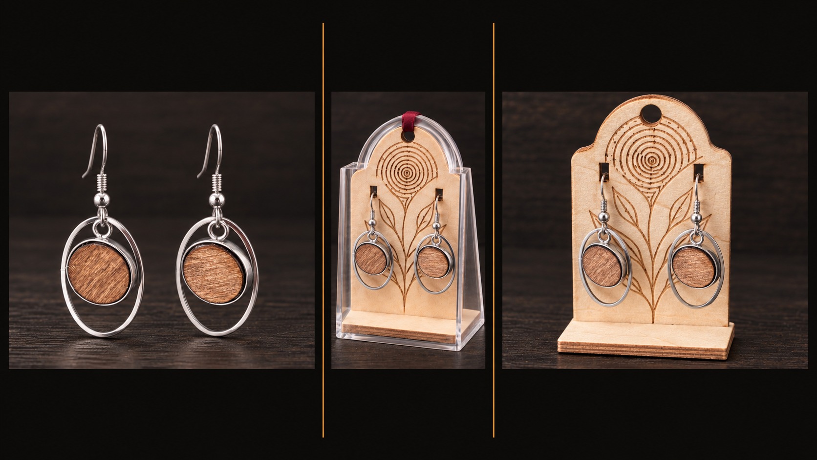 Reference BI 21 — silver-coloured oval-hoop earrings with natural-wood centres, shown in three views