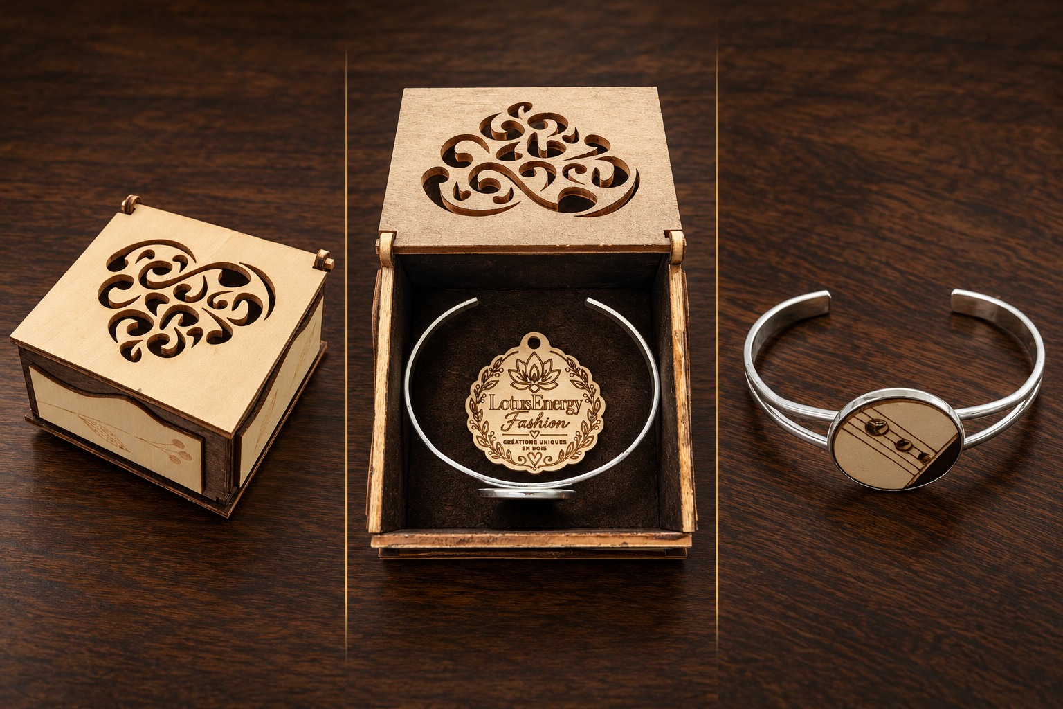 Reference BI 23 — silver-coloured cuff with round musical two-tone wooden medallion and handmade presentation box, shown in three views