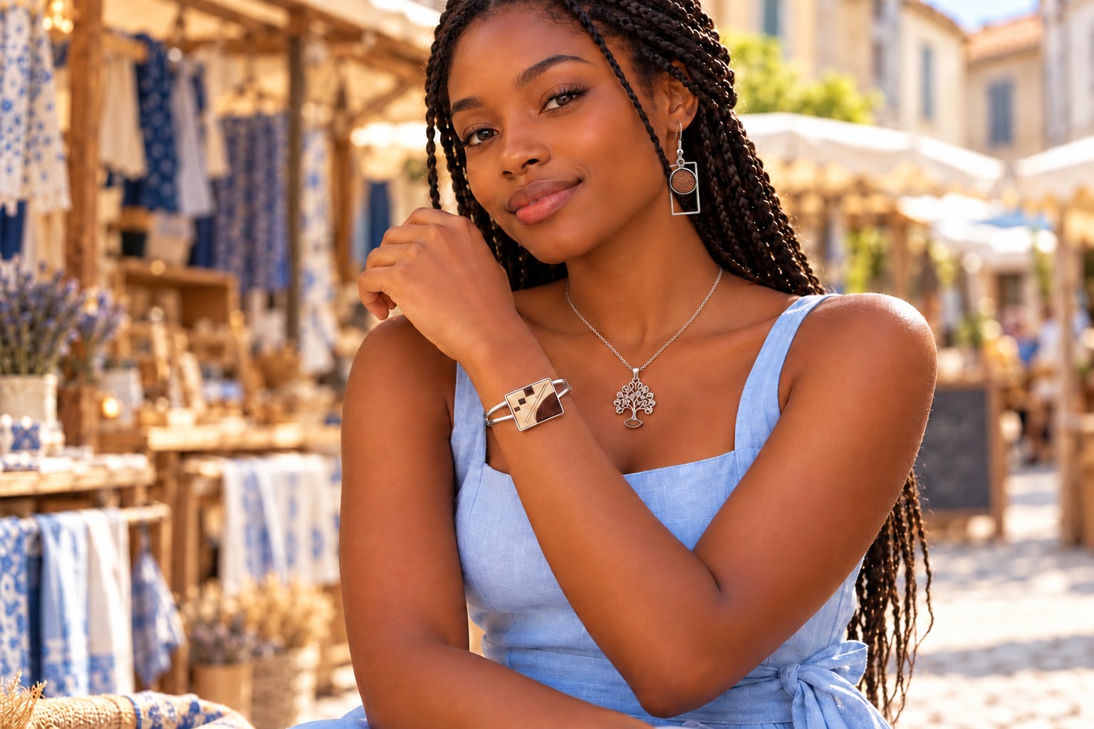 Young woman wearing the BI 24 cuff, BI 16 geometric earrings and BI 35 tree necklace