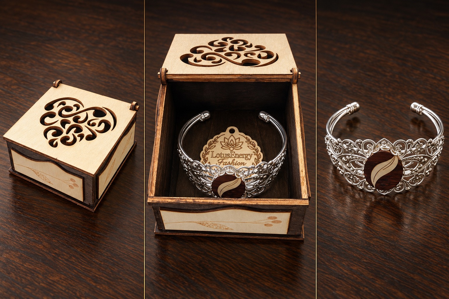 Reference BI 25 — ornate silver-coloured cuff with round two-tone wooden leaf medallion and handmade presentation box, shown in three views