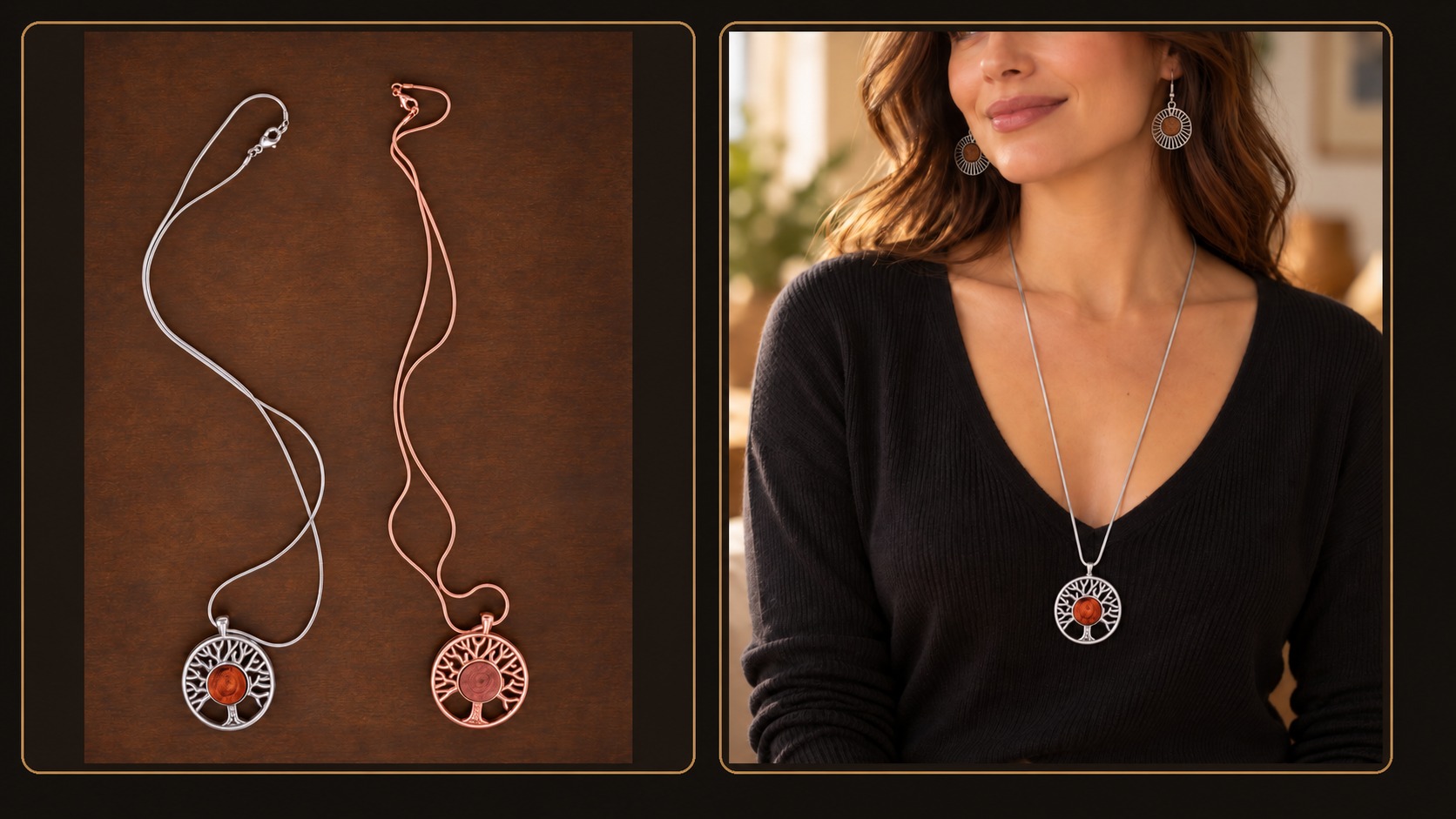 Reference BI 31 — long Tree of Life necklaces with natural-wood centres, with the silver version worn alongside BI 12 sunburst earrings