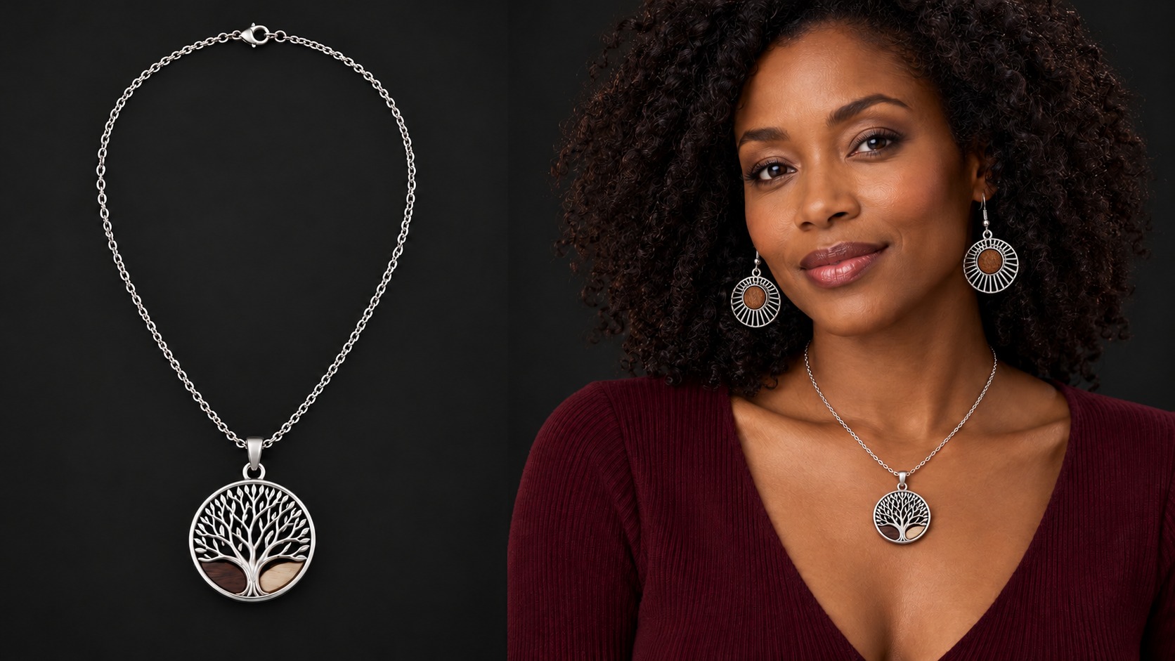 Reference BI 33 — silver two-tone Tree of Life necklace displayed and worn with BI 12 sunburst earrings