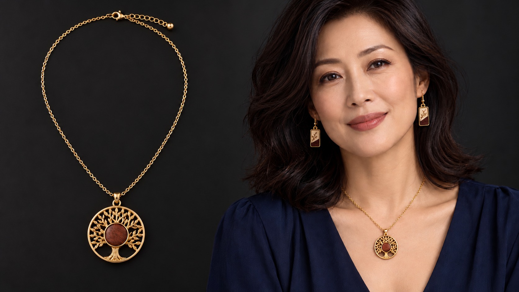 Reference BI 34 — gold Tree of Life necklace displayed and worn with BI 20 botanical earrings