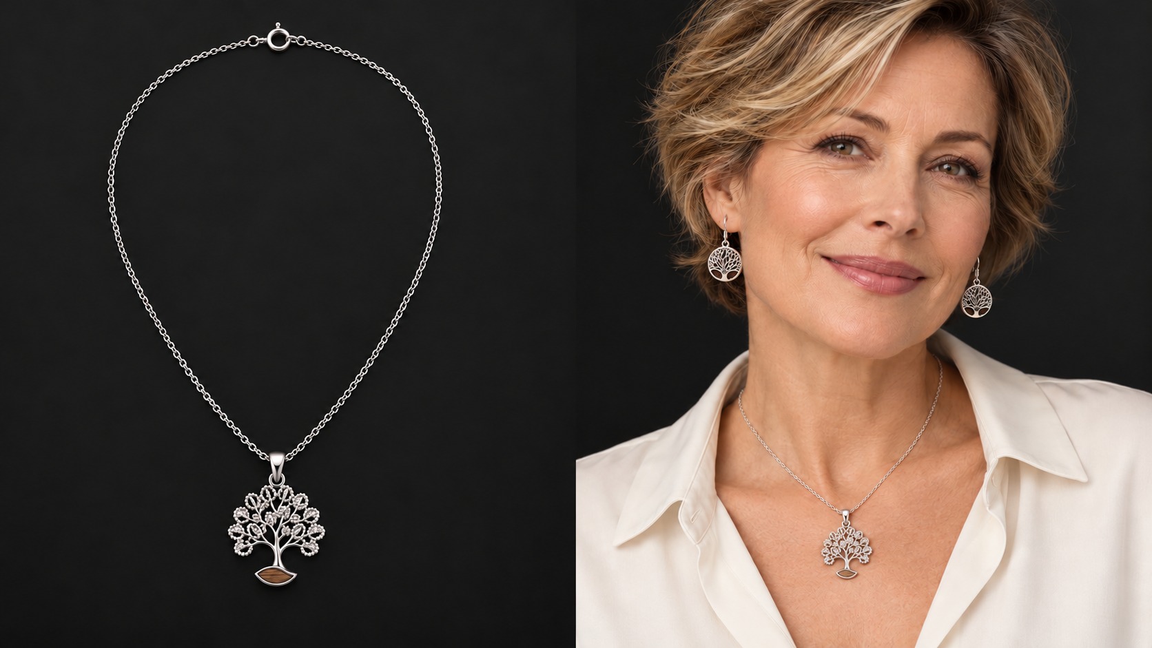 Reference BI 35 — delicate silver tree necklace displayed and worn with BI 19 Tree of Life earrings