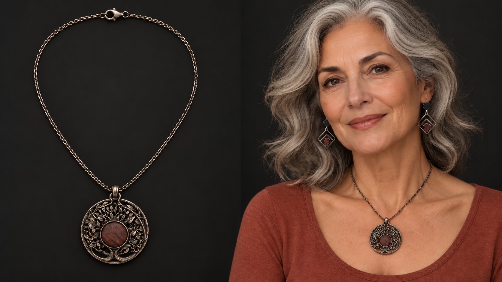 Reference BI 36 — antiqued woodland necklace displayed and worn with BI 18 geometric earrings