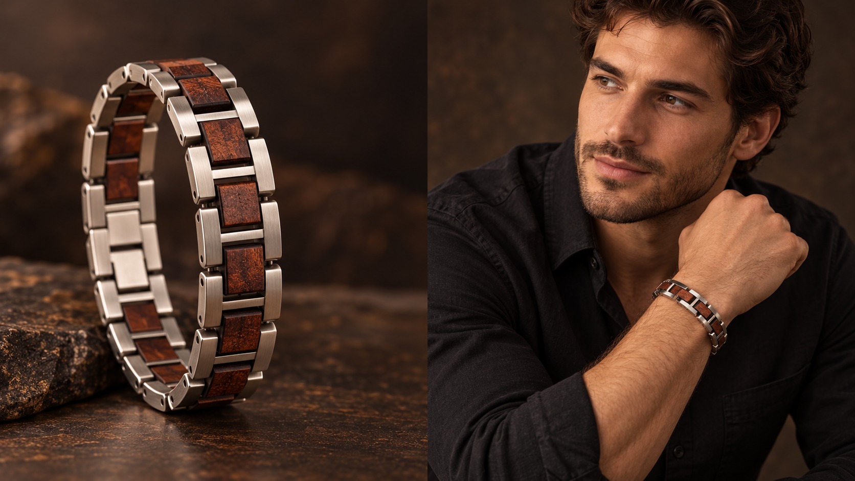 Reference BI 38 — men’s steel-and-wood link bracelet displayed alone and worn