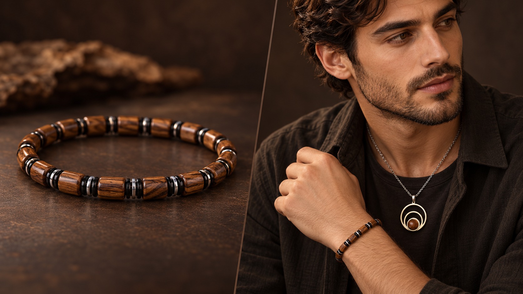 Reference BI 39 — men’s slim wooden-bead bracelet displayed alone and worn with a silver-coloured wood-centred necklace