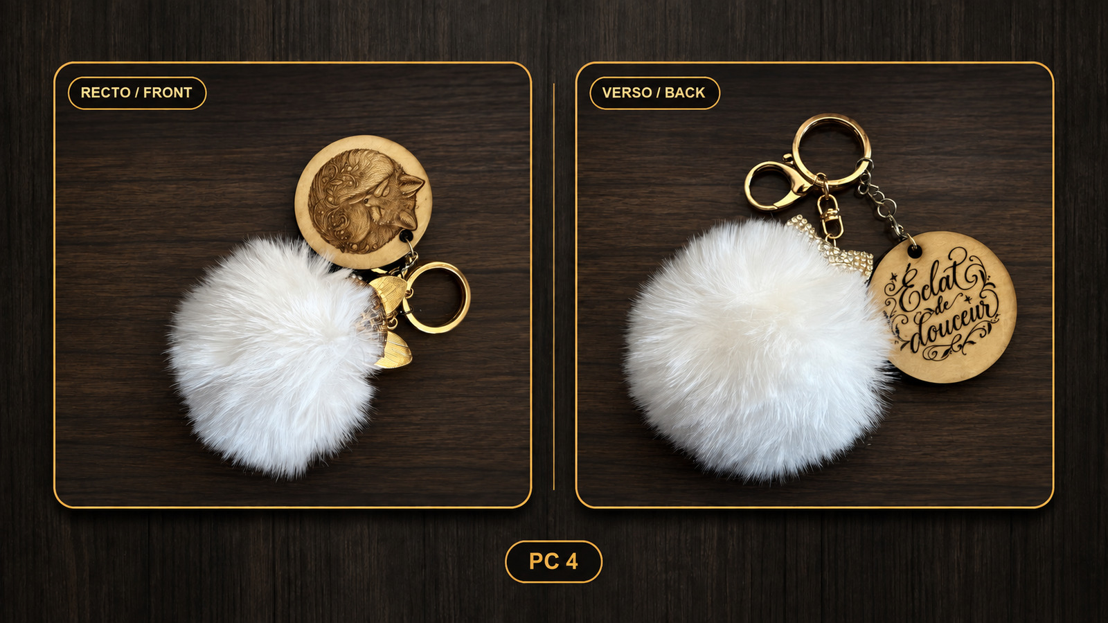 Reference PC 4 — white pompom keyring, front and back