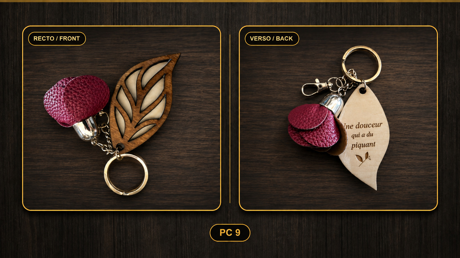 Reference PC 9 — leaf keyring, front and back