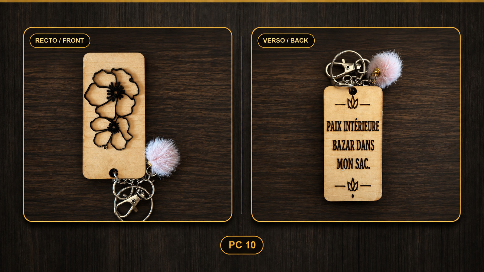Reference PC 10 — flower keyring, front and back