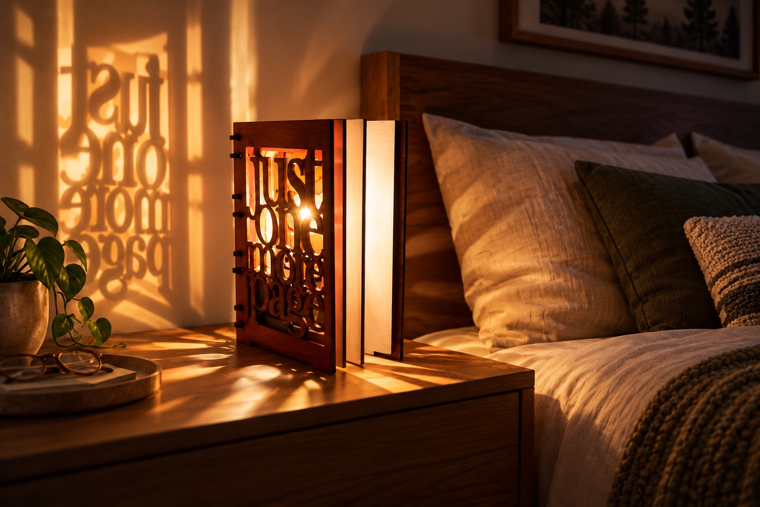 Reference LA 4b — wooden message lamp casting its mirrored illuminated lettering onto the wall of a warm bedroom