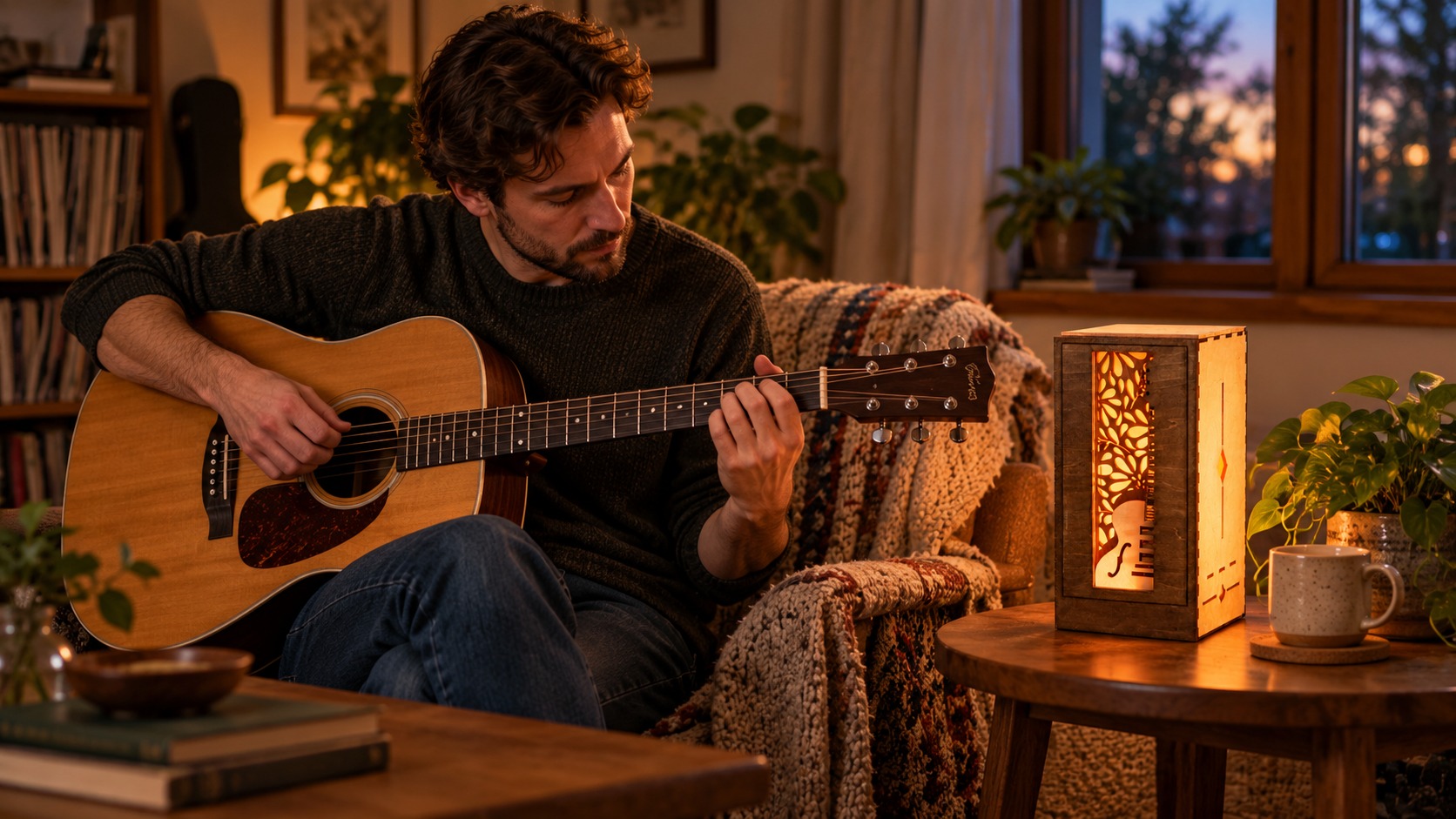 Reference LA 6b — guitarist playing beside a lamp with a customisable front panel