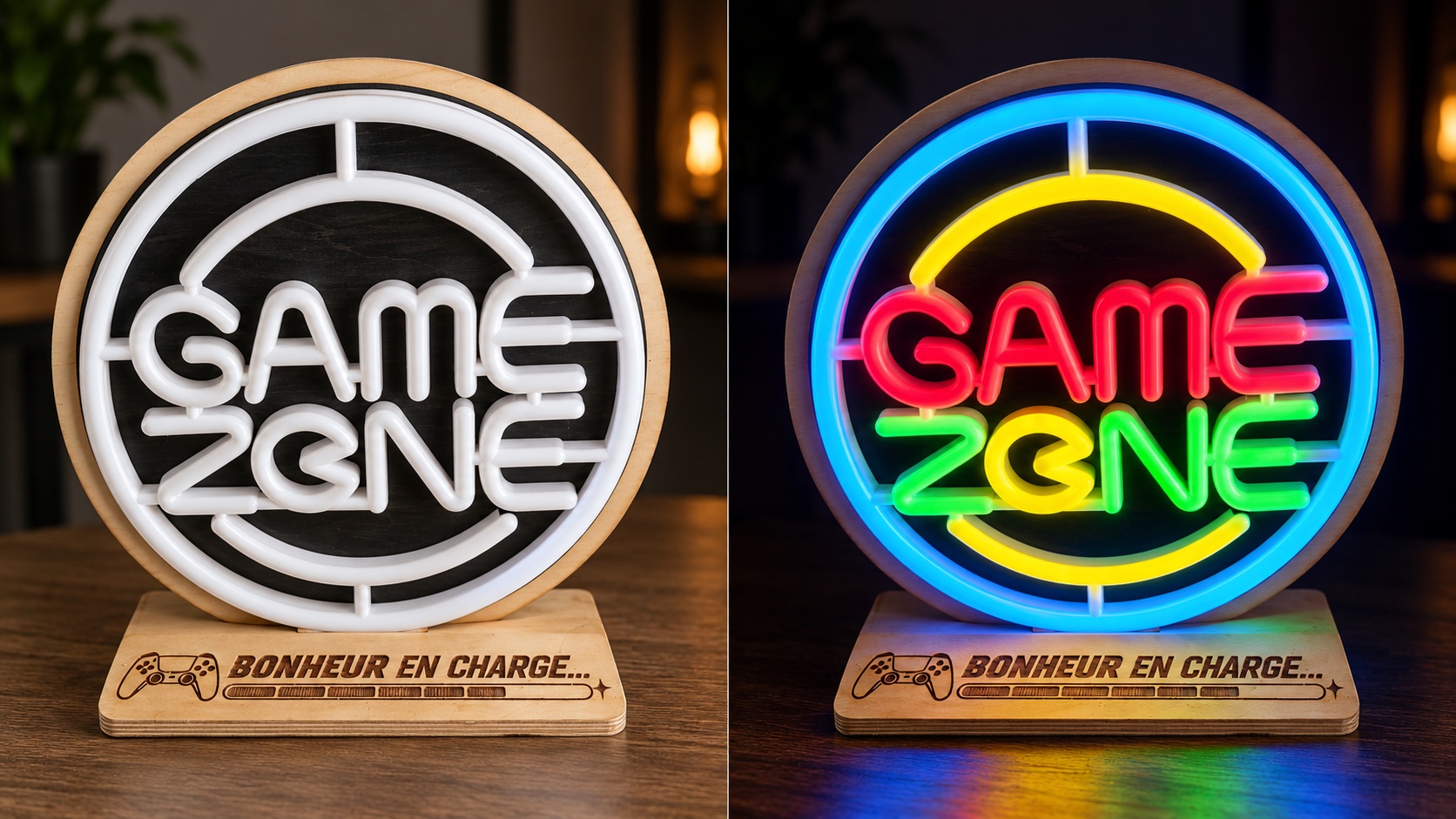 Reference LA 7 — Game Zone lamp shown unlit and illuminated