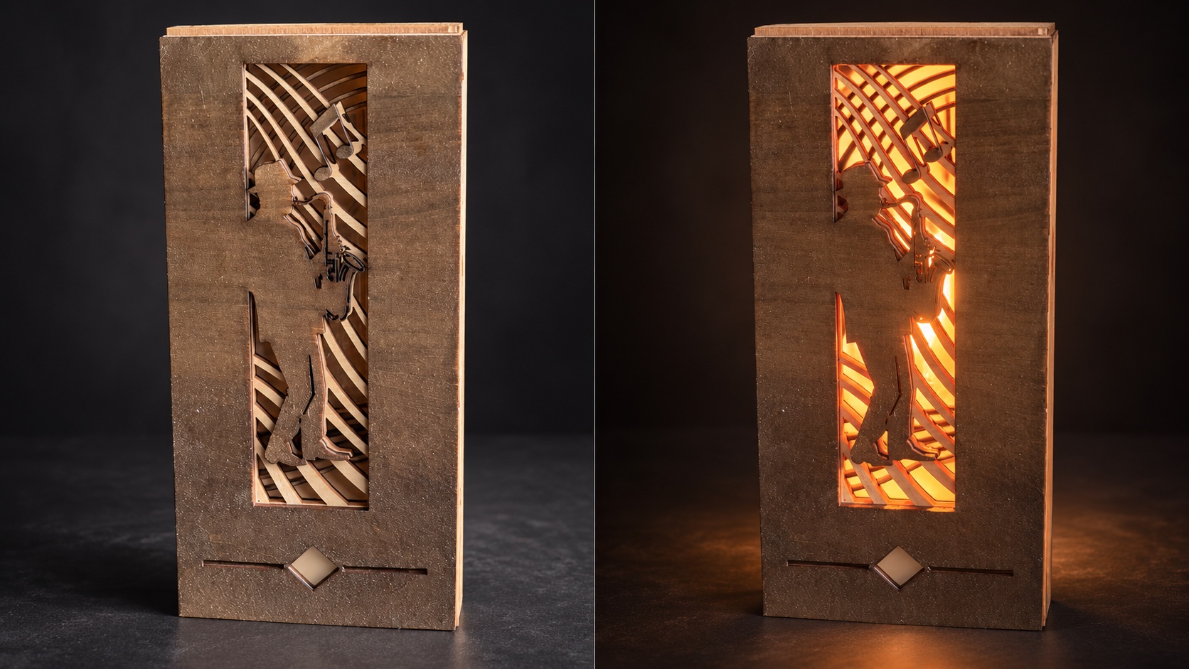 Reference LA 10 — customisable saxophone lamp shown unlit and illuminated