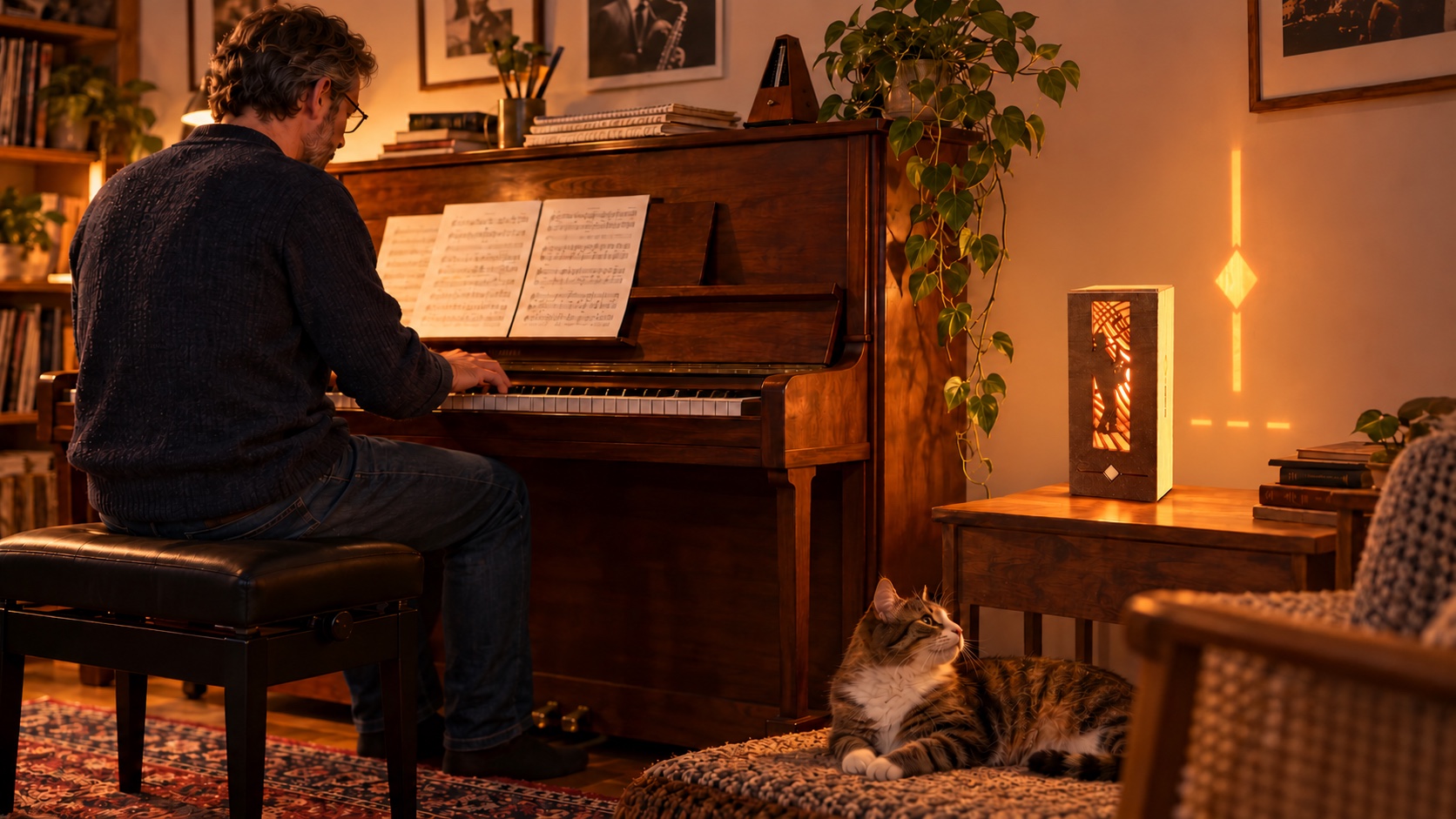 Reference LA 10b — adult playing the piano with a cat beside a compact saxophone lamp