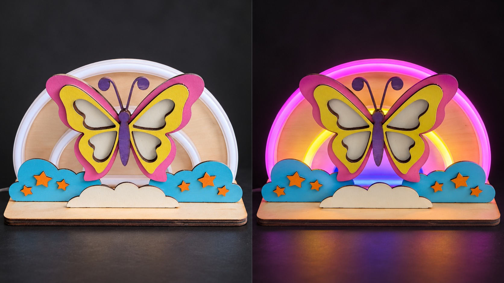 Reference LA 11 — butterfly rainbow lamp shown unlit and illuminated