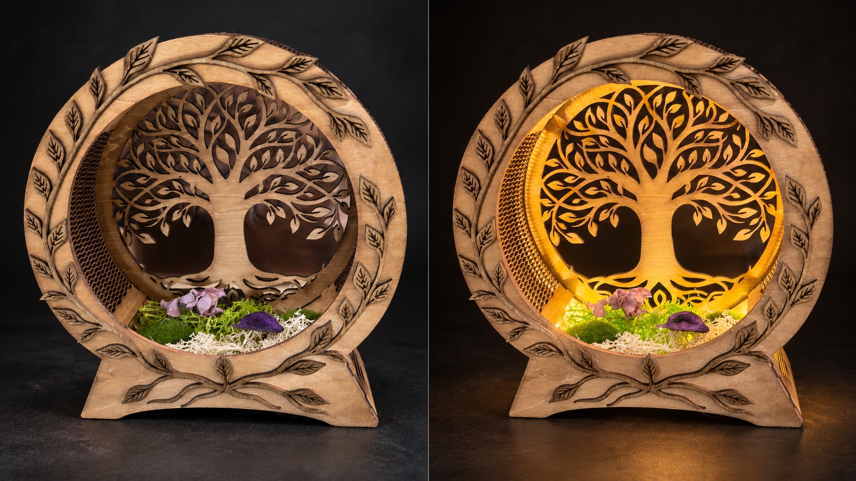 Reference LA 12 — round Tree of Life lamp shown unlit and illuminated