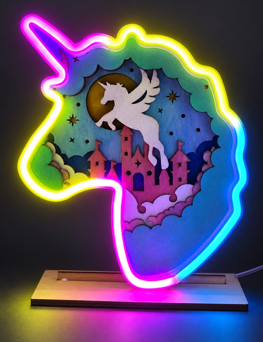 Reference AL 13b — the same castle and winged-unicorn lamp illuminated with its multicoloured outline
