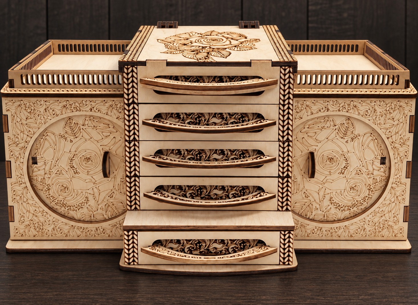 Engraved wooden jewellery box — closed view — AL 6a