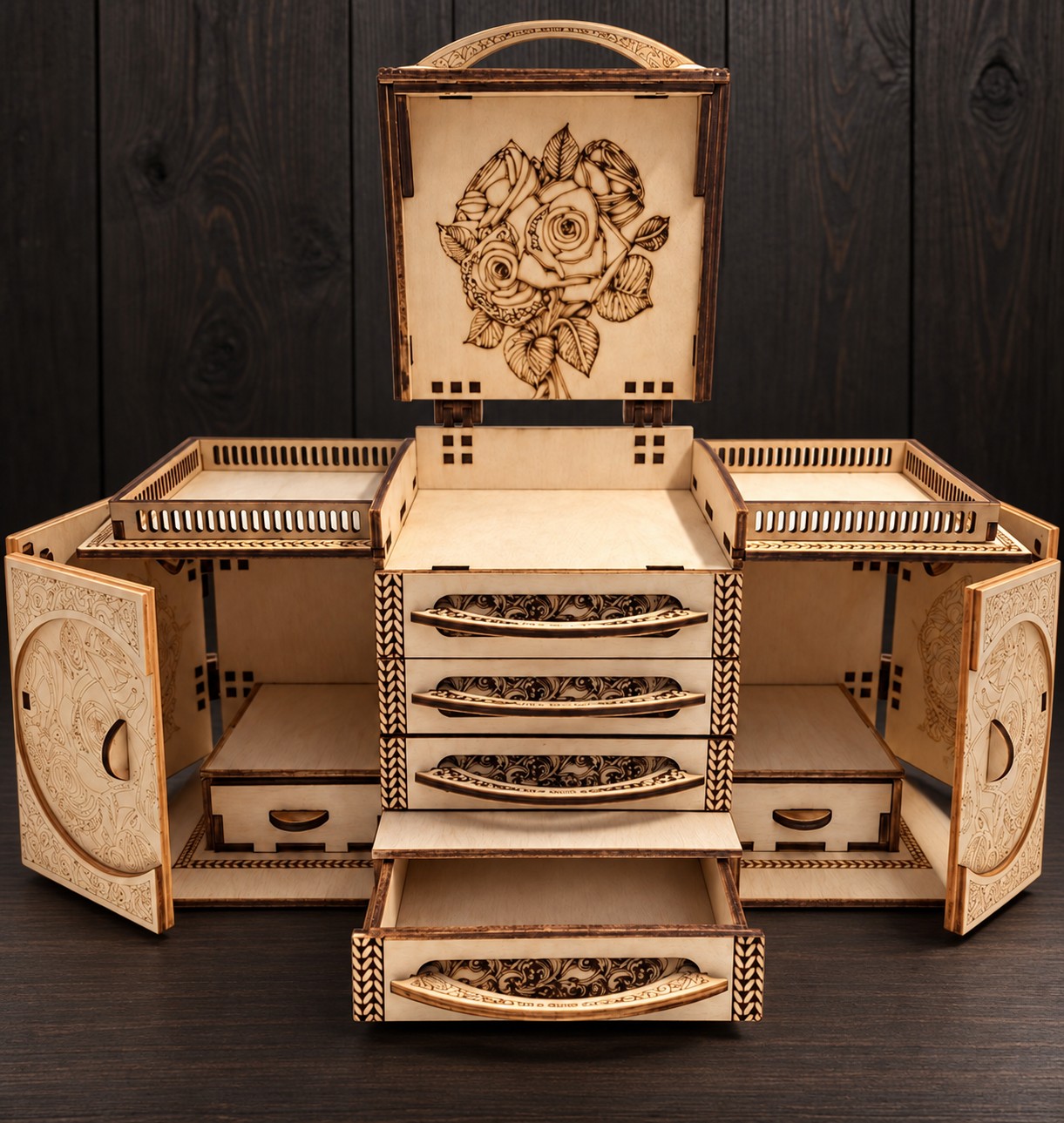 Engraved wooden jewellery box — open view — AL 6b