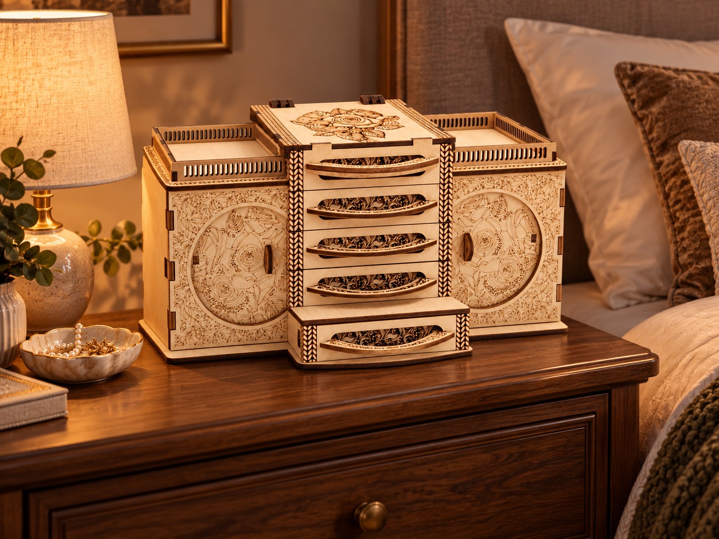 Engraved wooden jewellery box on Sophie’s bedside cabinet — AL 6c