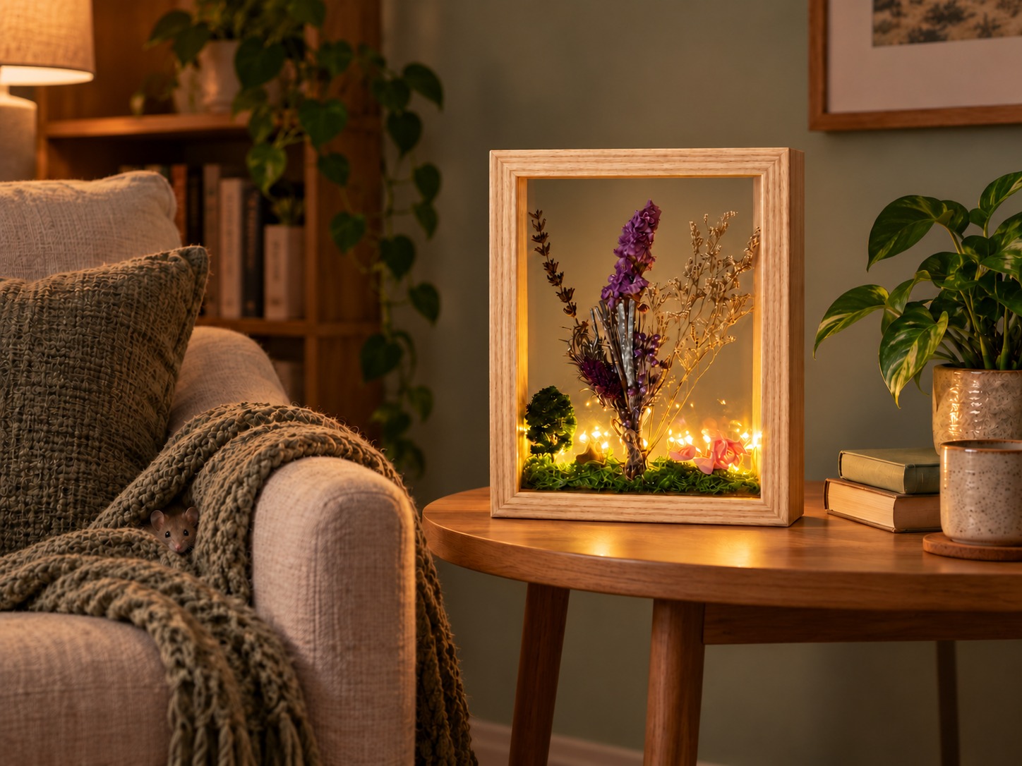 Illuminated botanical shadow box in Camille’s reading corner — AL 15c