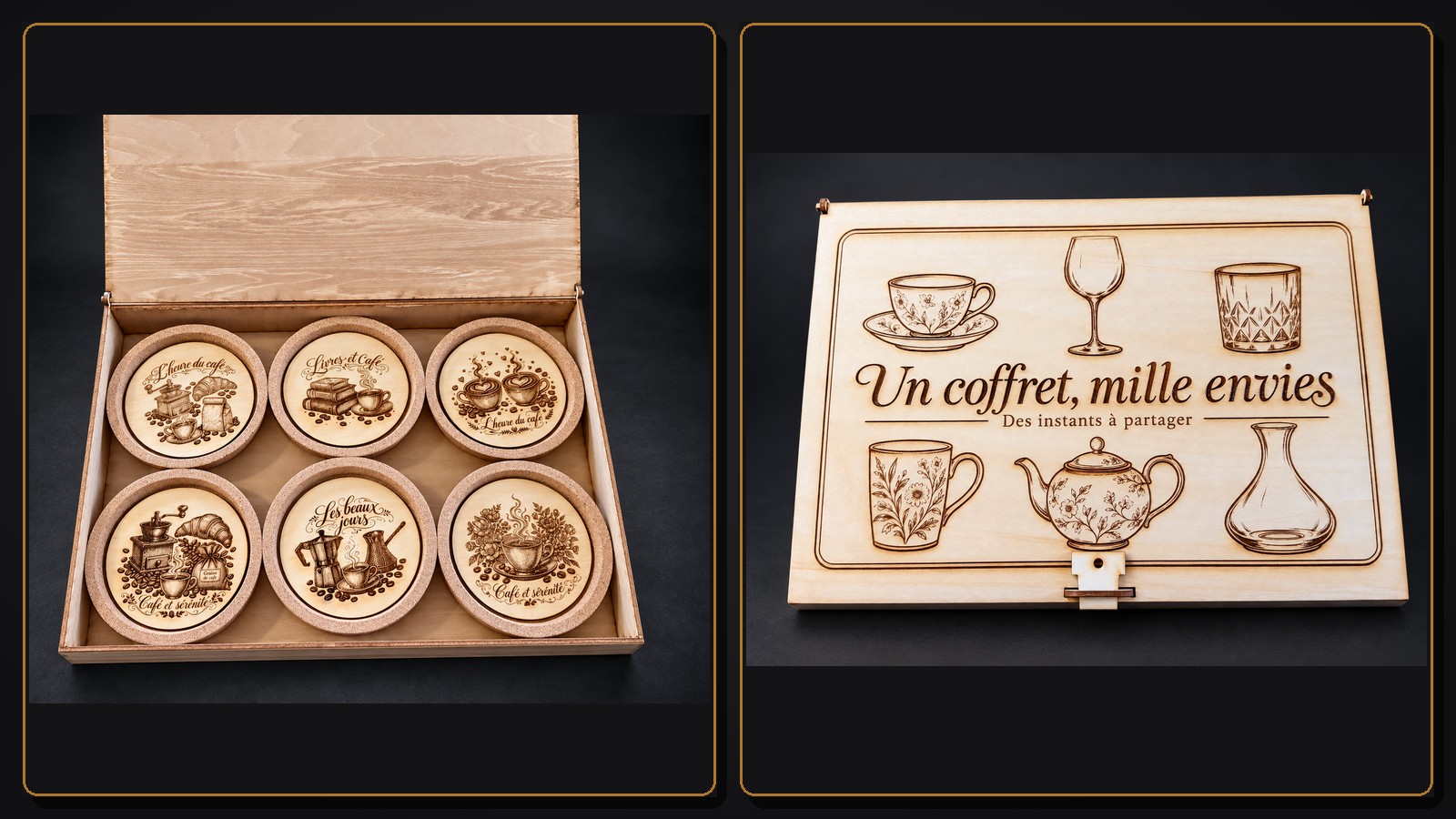 Reference CS 7 — closed and open personalised wooden gift box containing six cork bases with engraved wooden inserts