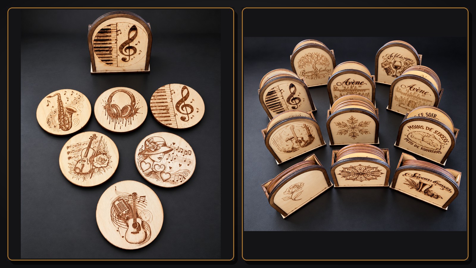 Reference CS 8 — music theme and collection of interchangeable engraved wooden inserts designed for the boxed cork bases