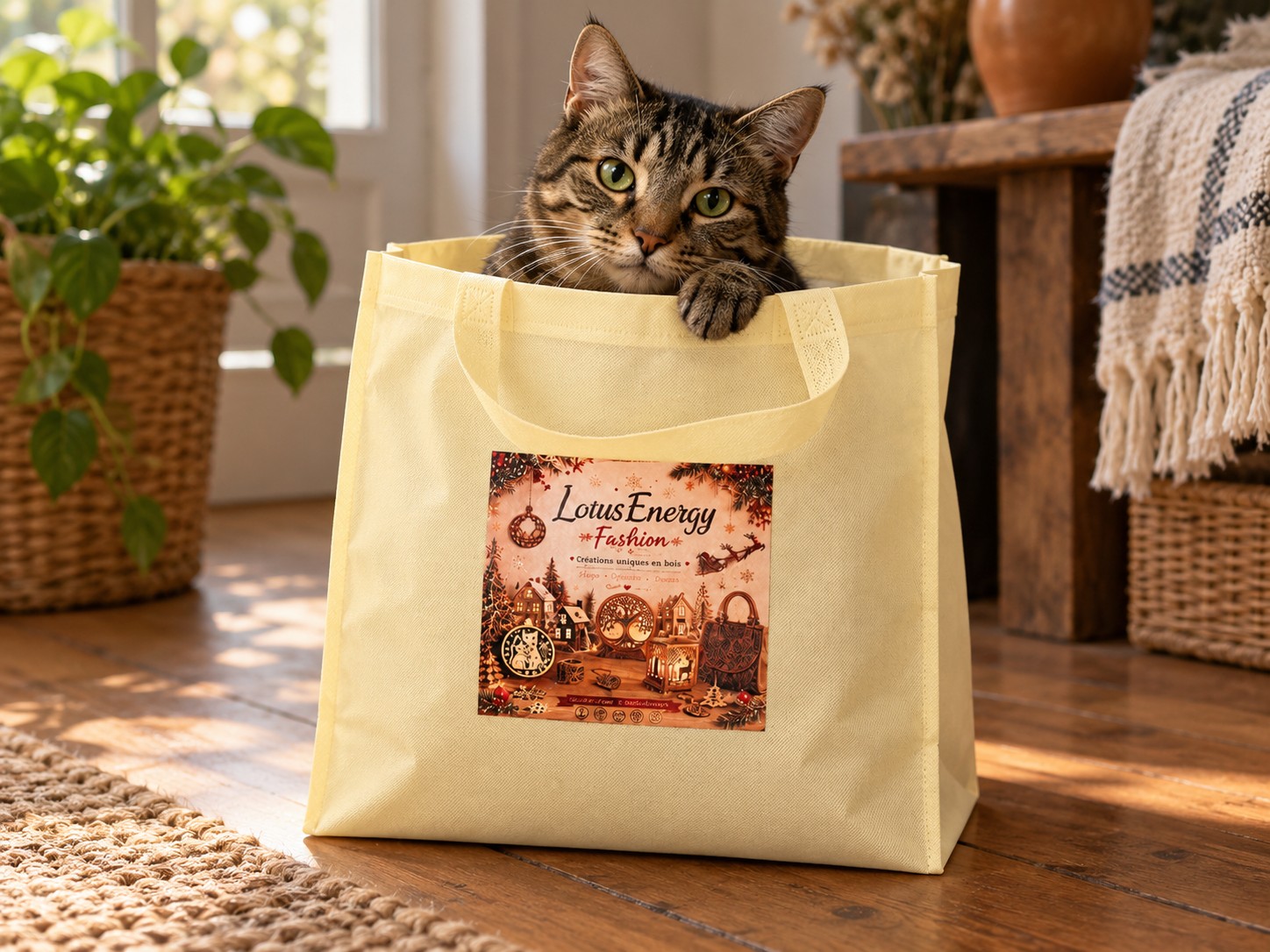 A tabby cat peeks over the edge of a large Lotus Energy Fashion cloth bag