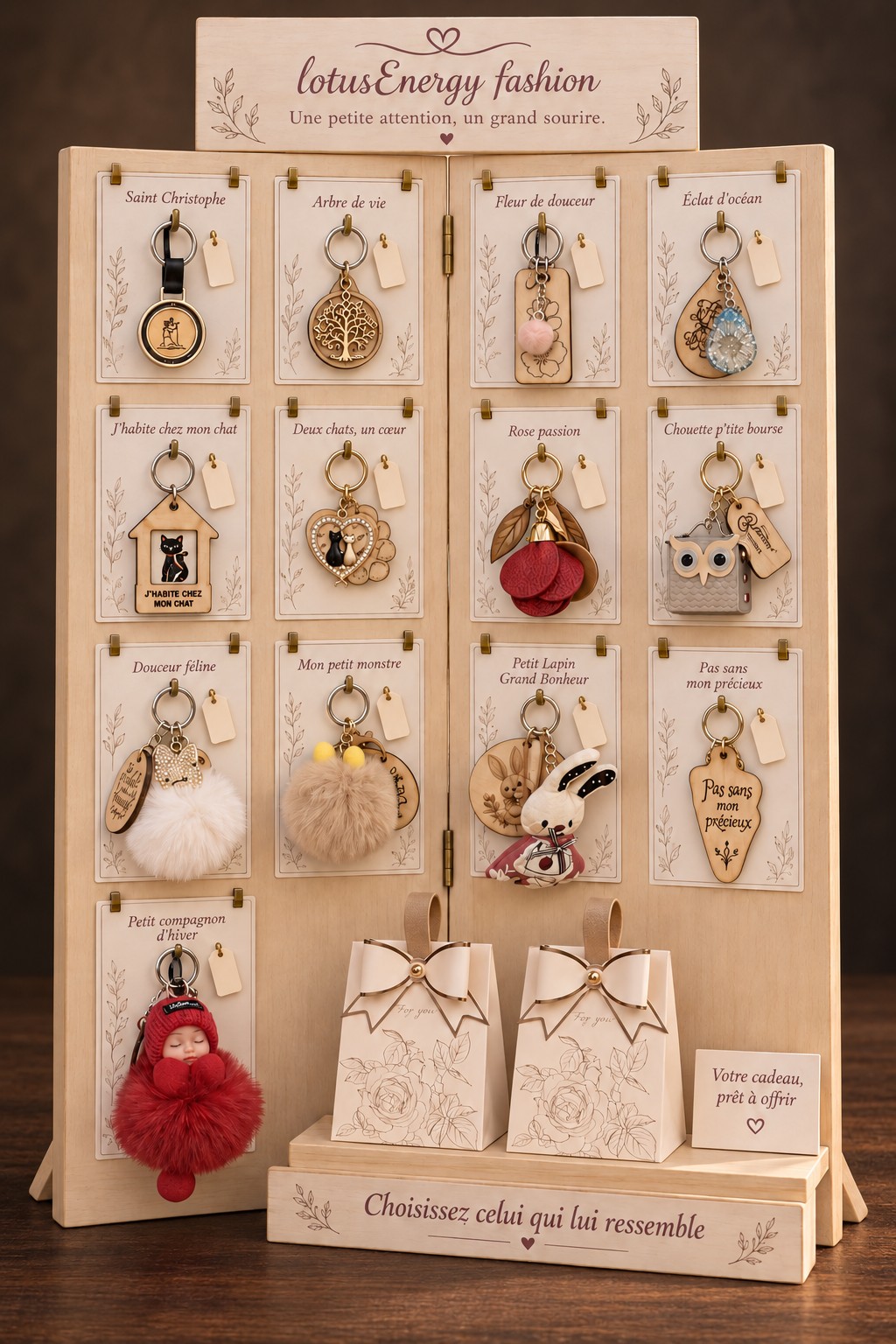 Lotus Energy Fashion wooden display with keyrings and gift bags