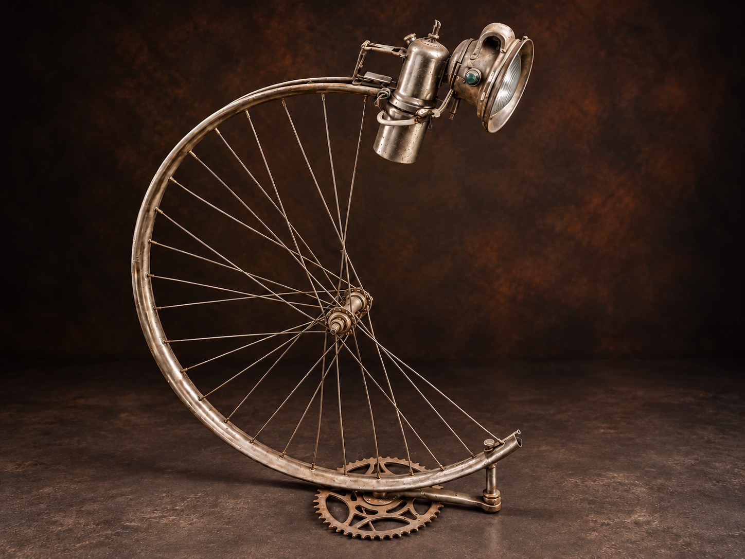 Reference LMR 1a — large unlit sculptural lamp made from an old bicycle wheel, its hub and pedal mechanism, and a vintage petrol headlamp